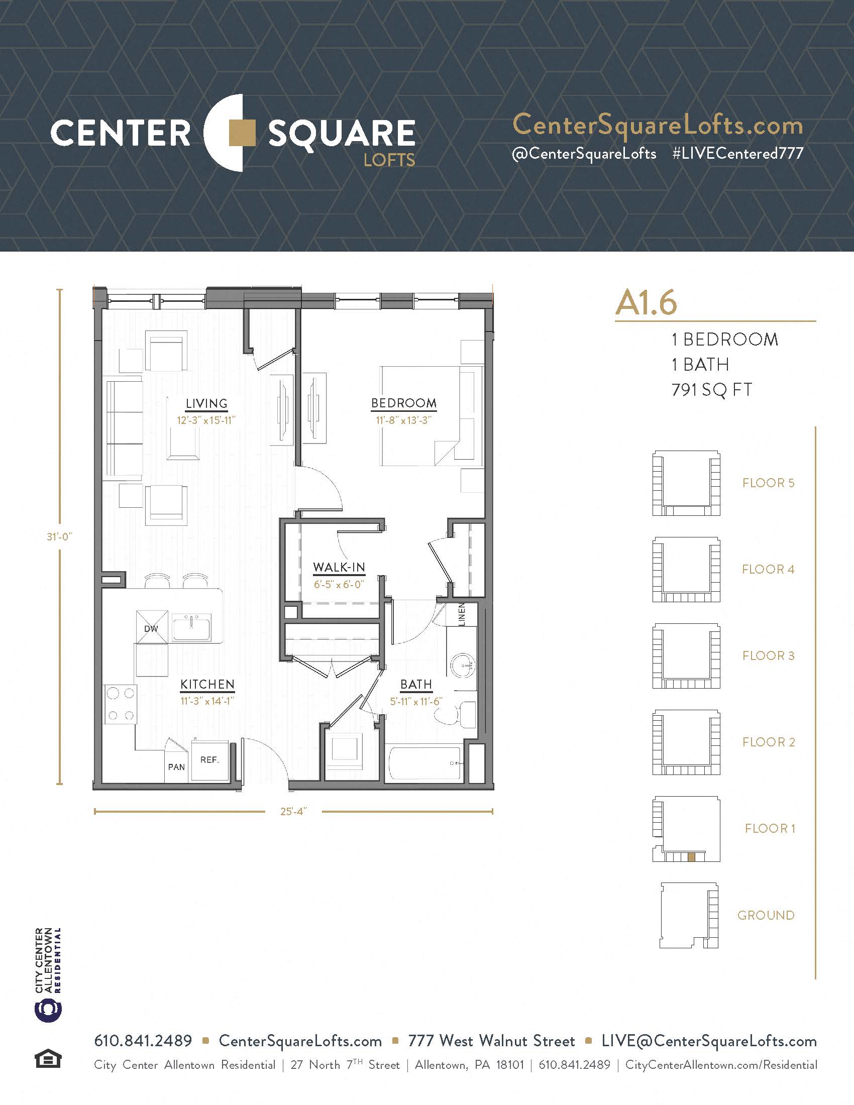 Floor plan for 1 bed, 1 bath, 791 sqft